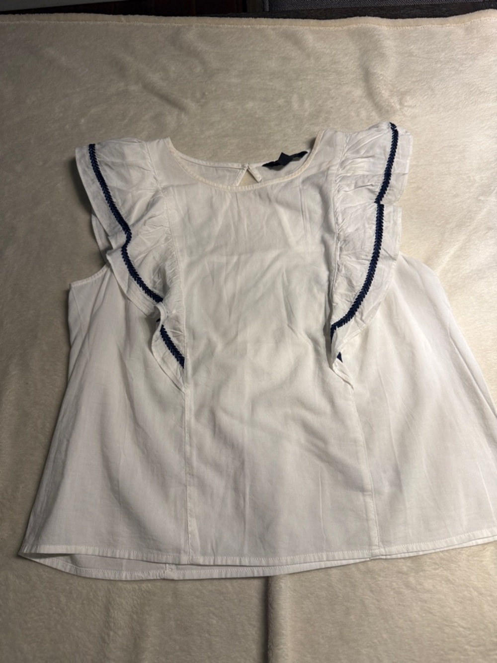 White Ruffle Sleeve Top with Navy Trim